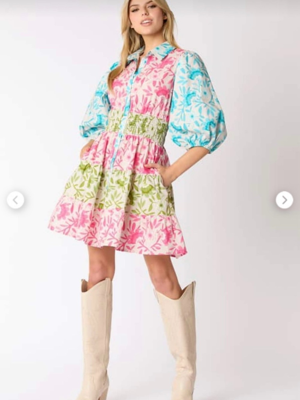 Pink Lily Colorblock Floral Tiered Mini Dress in Pink, Blue & Green